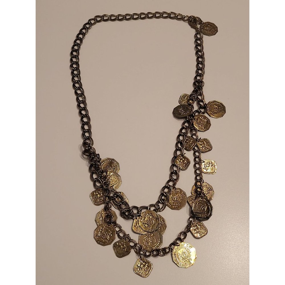 Vintage Multichain Brass Necklace DOMINICAN REPUBLIC JAMAICA coins collectible